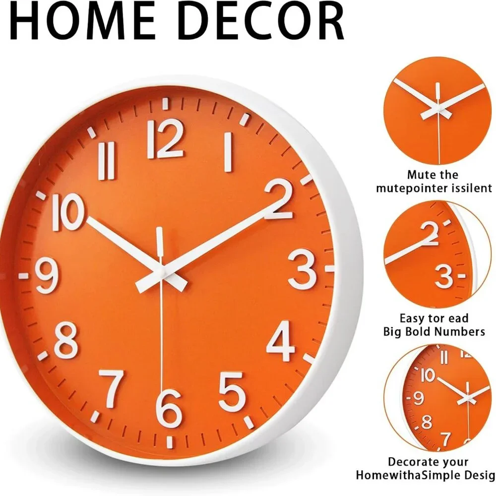 Orange Wall Clock Silent Non‎ Tick Wall Clocks Battery Operated MCM Decor